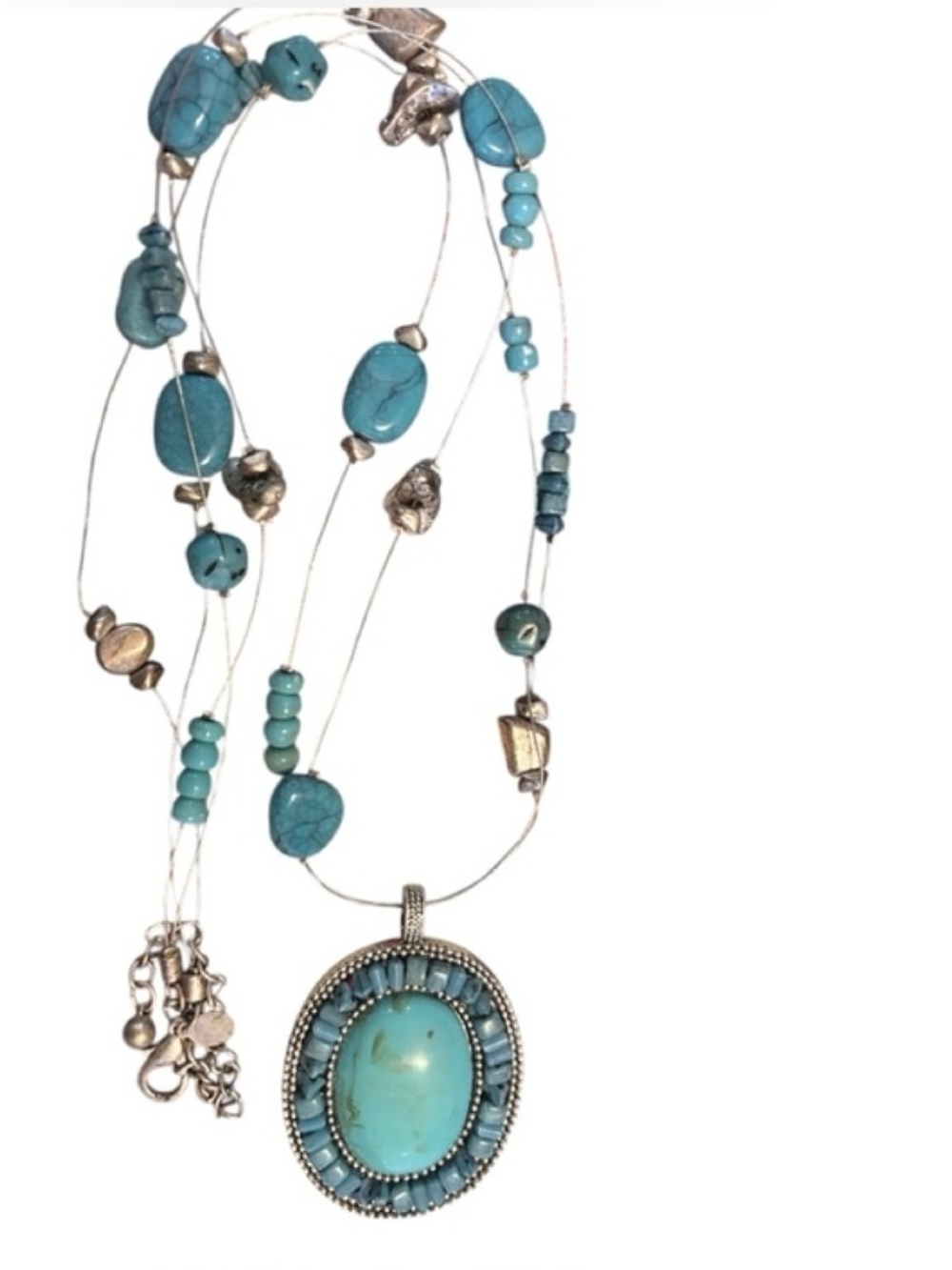 CHICO'S Turquoise and Silver Multi-Strand Pendant Necklace